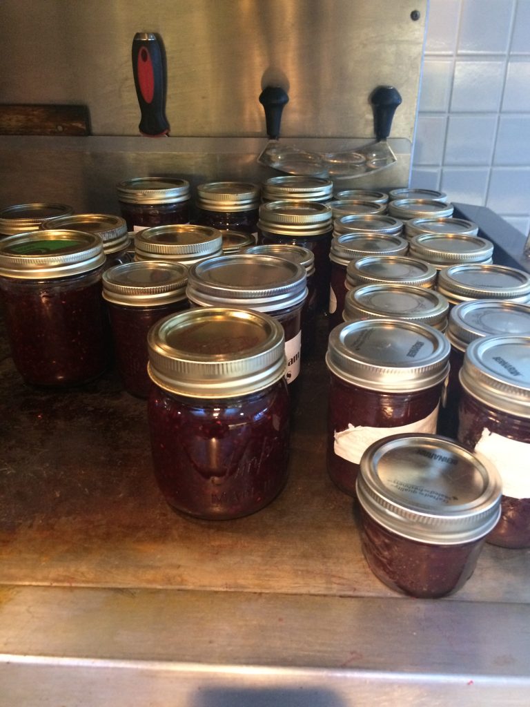 Raspberry, rhubarb and saskatoon jam